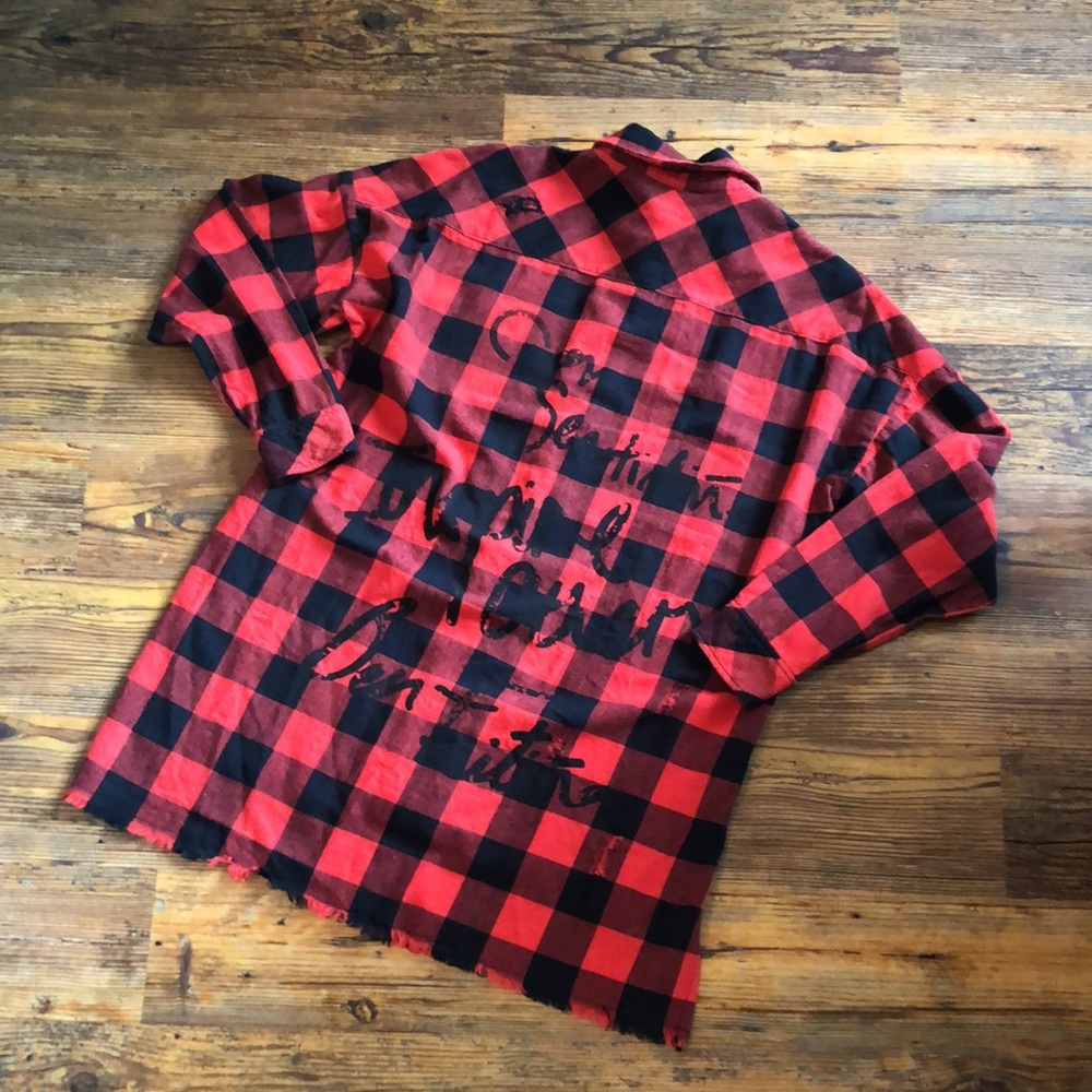 Zara l Red Black Buffalo Check Distressed Shirt